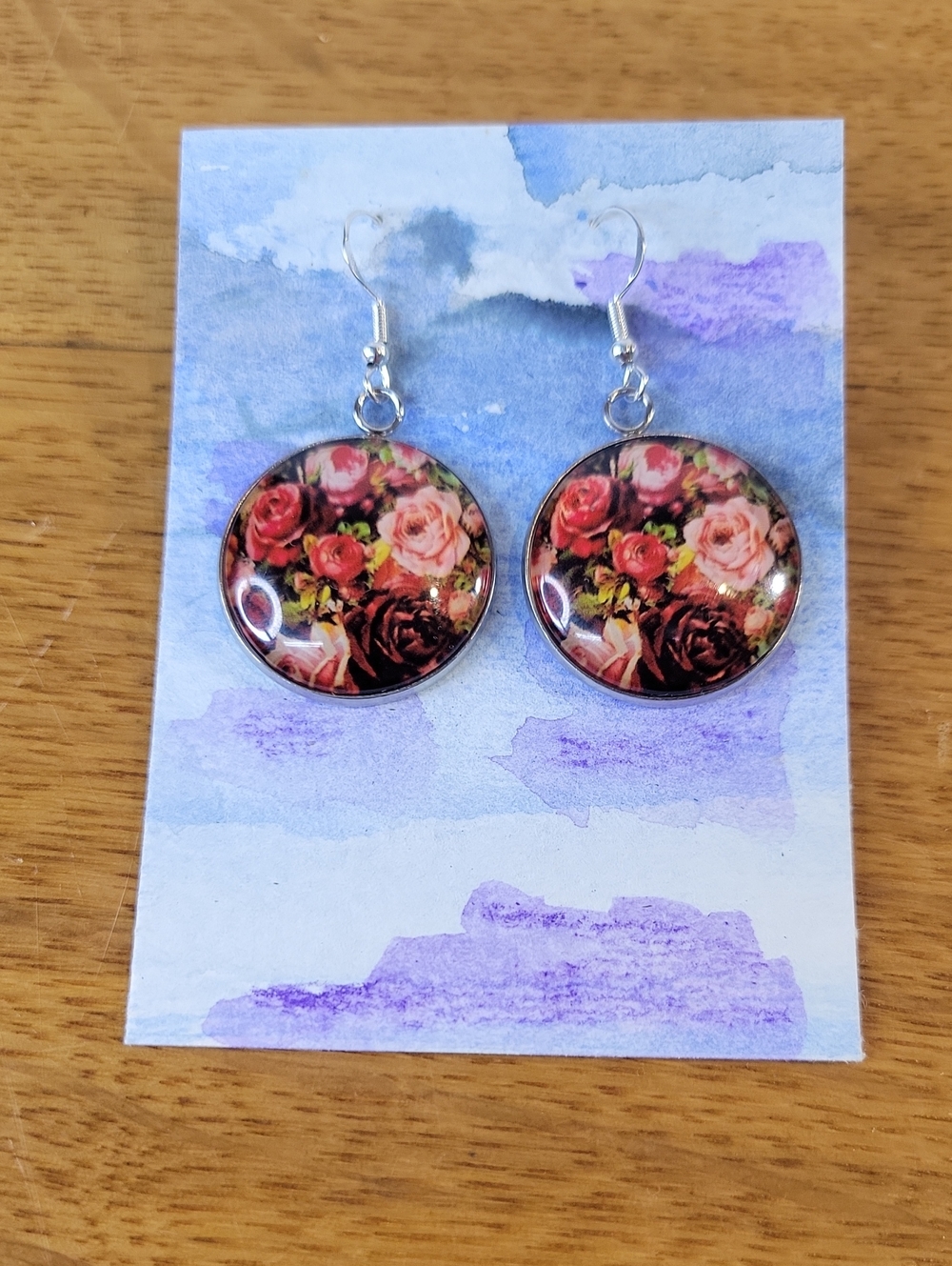 Midnight Rose Dangle Earrings~Sterling Silver Ear Wires~Original Watercolor ACEO